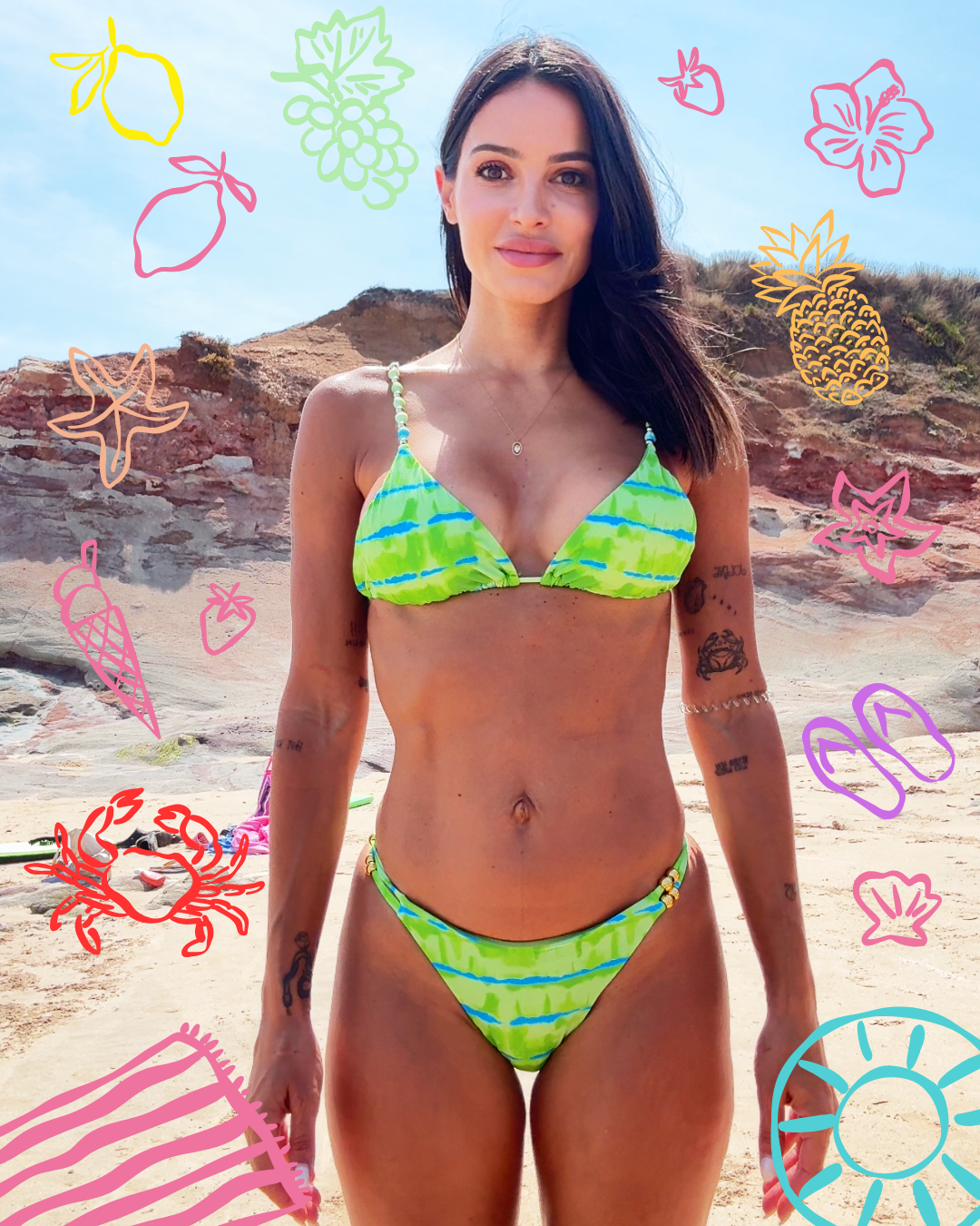 praia vectores giros de praia e modelo bikini verde tipo diy