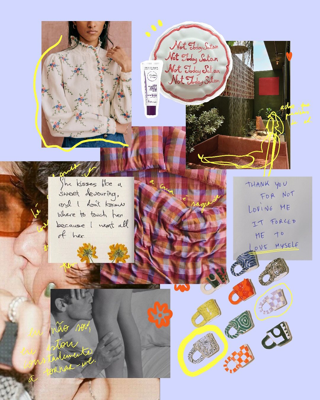 montagem colorida de recortes colagem carlota flor lil&aacute;s