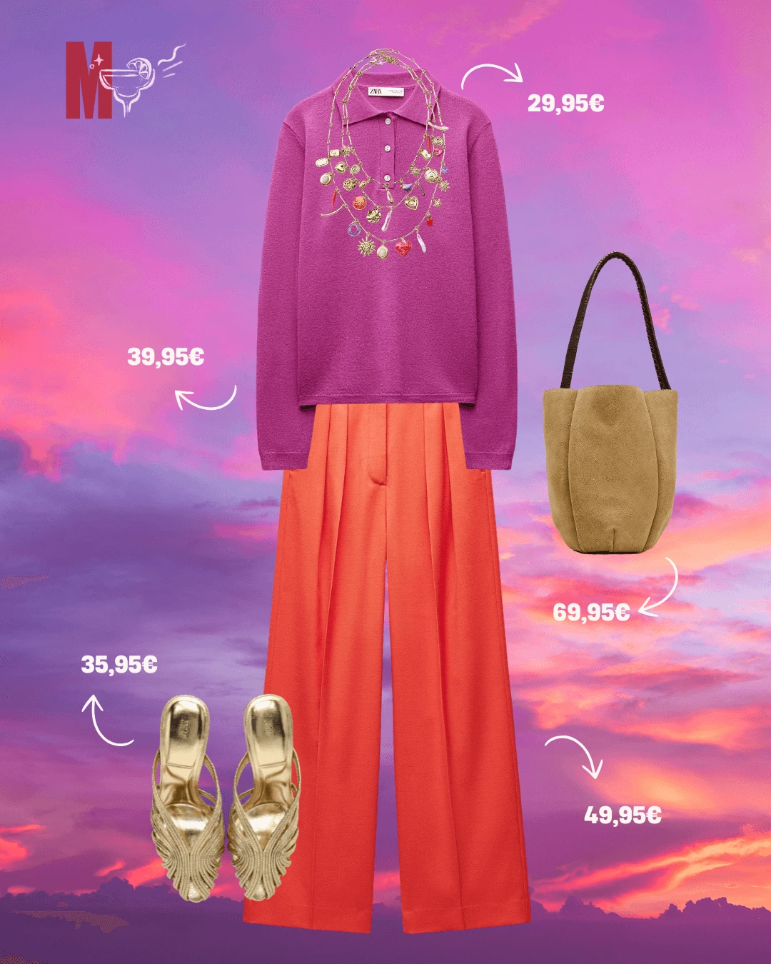 Look vibrante com roupas coloridas da coleção Zara SS25, combinado com mola de cabelo floral para um toque alegre e primaveril.