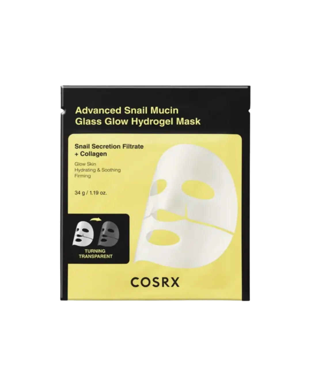 COSRX Advanced Snail Mucin Glass Glow Hydrogel Mask Máscara de mucina de caracol que hidrata e repara profundamente.