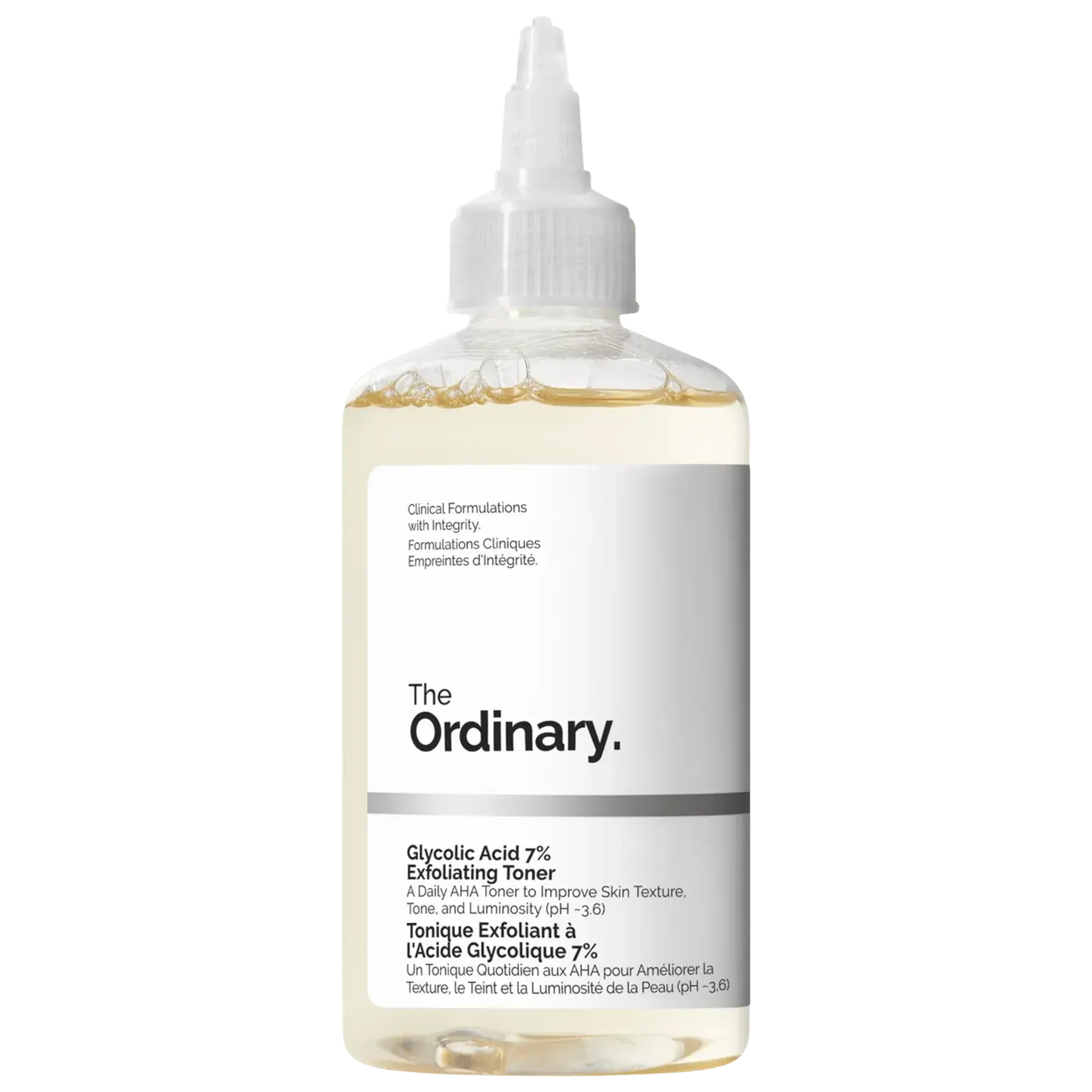 The Ordinary Glycolic Acid 7% Exfoliating Toner Clássico da esfoliação leve: afina textura e revela o brilho da pele.